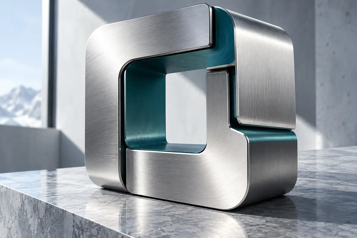 Drei präzise verbundene Metallformen bilden ein offenes Quadrat.